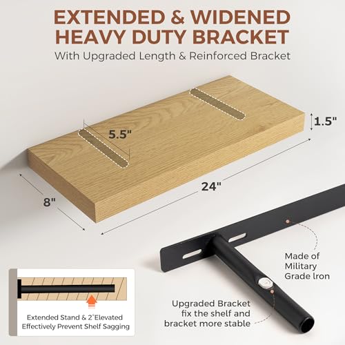 Image of Dreamland Floating Shelves for Wall,8 Inch Deep Floating Shelves,24 inch W x 8 inch D Wall Shelves for Bedroom, Living Room, Kitchen, Bathroom,Oak Color,Set of 2