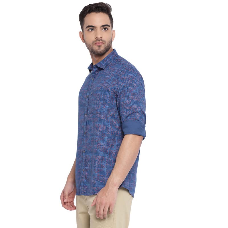 Image of Turtle Men Blue Cotton Printed Slim Fit Casual Shirts