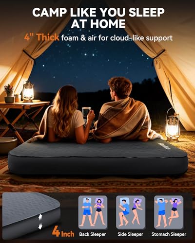 Image of Hikenture 4 inch Thick Self Inflating Sleeping Pad, Foam & Air Camping Mattress | 9.5 R-Value Insulated Sleeping Mat for All Season, Portable Camping Pad for Tent; Car; Cot; Truck, Home-like Comfort