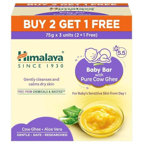 Image of Himalaya Baby Bar with Pure Cow Ghee 75g|Buy 2 Get 1 Free|Ph5.5|Aloe Vera|Soap Free |Safe For Newborn|For Baby's Sensitive Skin From Day 1|No dryness|No Parabens|No Synthetic color|Dermatologically Tested|Pediatrician Evaluated