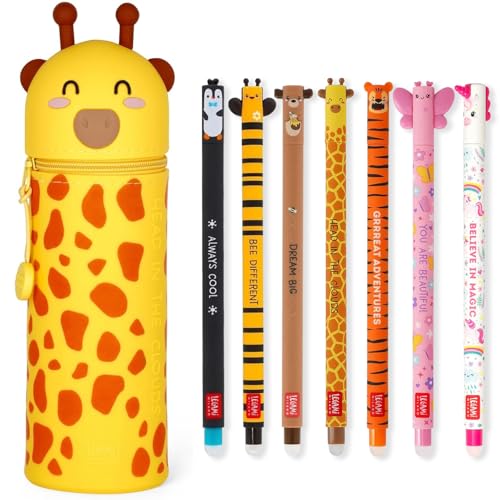 LEGAMI Set mit 7 radierbaren Gelstiften + 2-in-1-Federmäppchen – mit thermoempfindlicher Löschtinte, Tintenfarben und Sc...