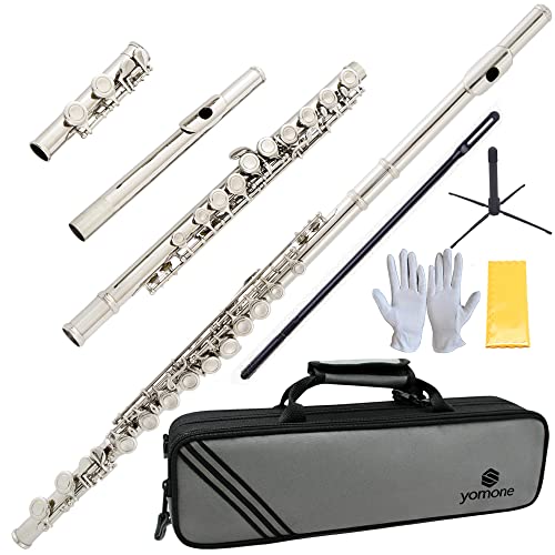 Yomone C Flutes16 Closed Hole Flute Beginner's Flute With Flute Holder Suitcase Cleaning Kit And Screwdriver (Nickel) #TOP28