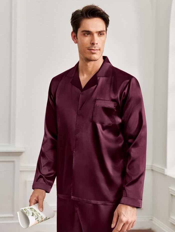 SWOMOG Men Pajamas Matching Pajamas Set Silk Satin Women Pj Set Long Sleeve Button Down Sleepwear 2 Pcs Loungewear Deep Wine Red Medium2