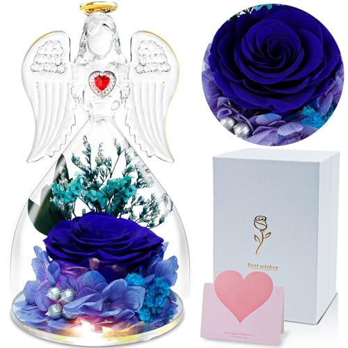 DONSAJI Cadeaux d'anniversaire pour maman, ange en verre avec véritable rose à l'intérieur, fleurs préservées pour femme de la part de sa fille, cadeau d'anniversaire rouge éternel pour maman,
