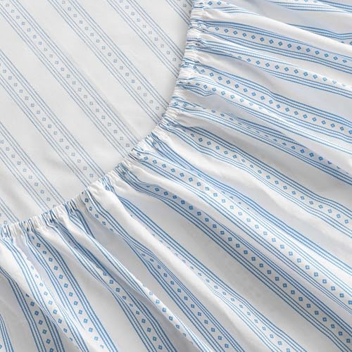Image of Martha Stewart - Full Size Sheets Set, Crisp & Tailored Cooling Sheets with a Smooth Cotton Percale Lightweight Feel - Bed Sheets with Matching Pillowcases & Fitted Sheet (Francesca Stripe Blue)