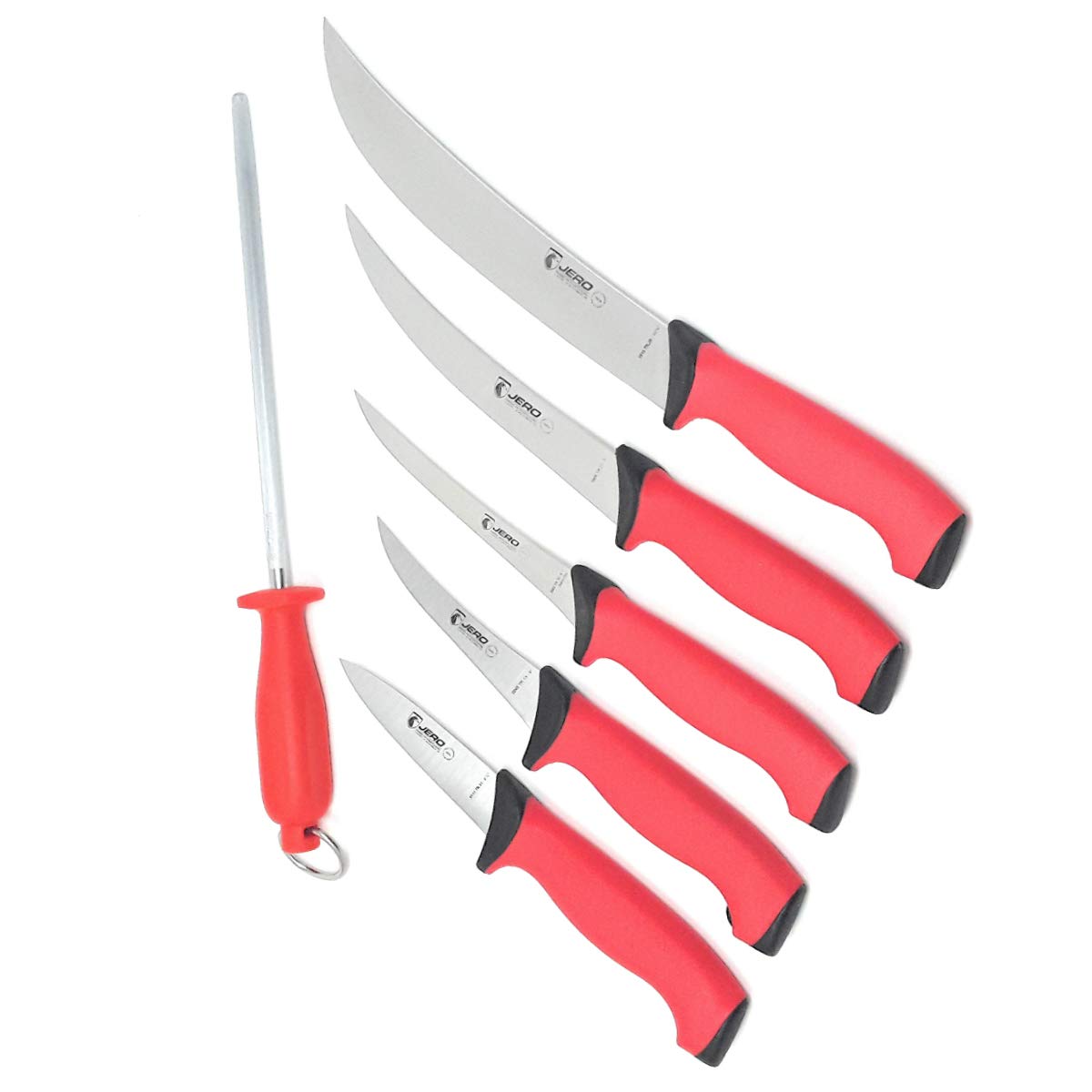 Jero TR Series Ultimate Butcher's Gift Set - 5 Jero Traction Grip Knives Including Cimeter, Breaking, and Boning Knives, Plus Fine Cut Packinghouse Steel - High Carbon Stainless - Made in Portugal