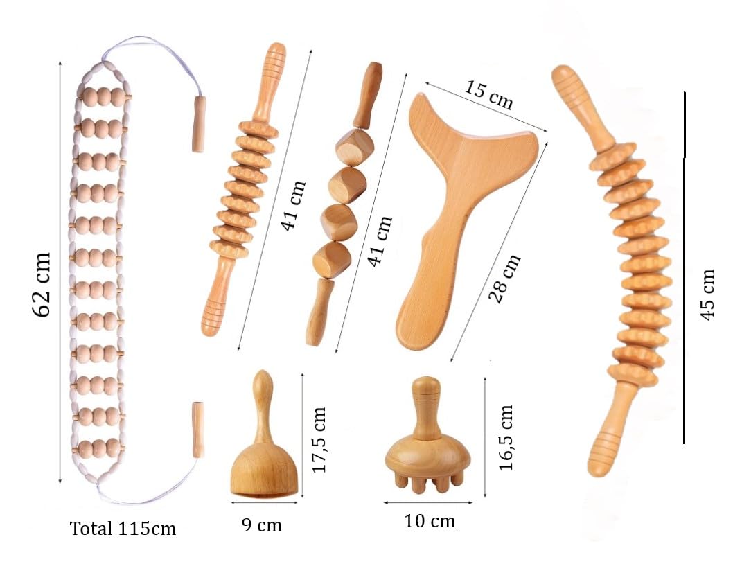 7-teiliges holz therapie, Muskelmassagegerät. Professionelles Komplettset für Holztherapie. Aus Buchenholz, geschliffen und lackiert. Anti-Cellulite-Massagegerät, Muskelmassagegerät.
