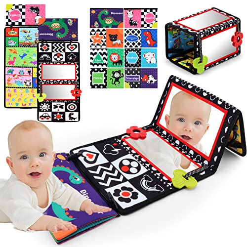 Image of Tummy Time Floor Mirror with Crinkle Cloth Book and Teethers, Double-sided Baby Mirror Black and White High Contrast Baby Toys, Folding Crawling Activity Mat for Infants 3 6 12 Months (B-Mirror+Book)