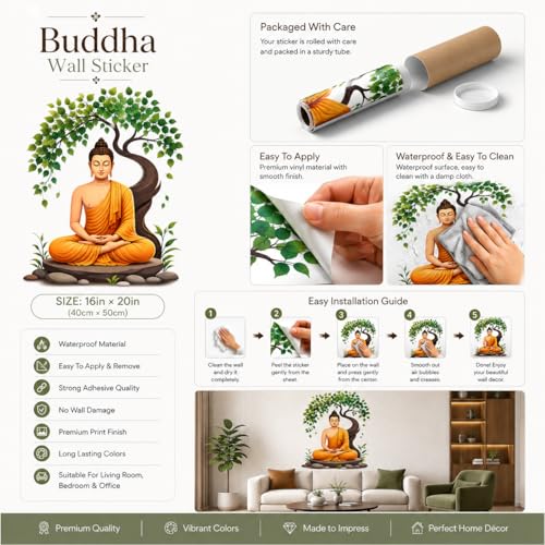 Image of Rangoli Buddha Wall Sticker Self-Adhesive 16 x 20 Inch Waterproof Wall Decor for Living Room Bedroom Office Meditation Buddha Tree Wall Decal