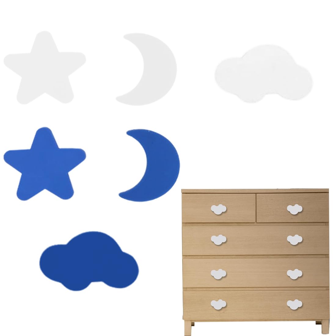 Pomelli per Mobili Bambini, 6 pezzi Pomelli per Cassetti a Forma di Nuvola, stelle, luna e nuvole pomelli per cassetti, per Cucina, Cameretta dei Bambini, Armadi, Giocattoli, Bianco, blu