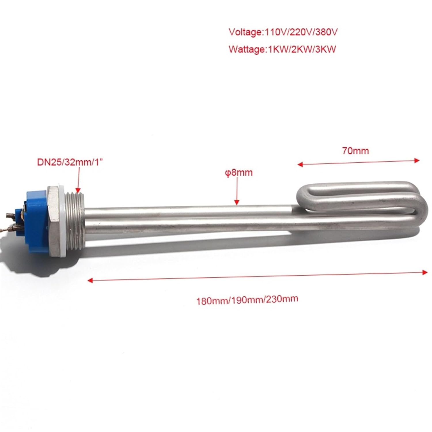 1KW/2KW3KW/3KW Immersion Heater Screw in Type DN25/1 Inch 32mm Threaded 110V 240V 380V 180mm/190mm/230mm 1Pcs(240V 3KW 230mmL)