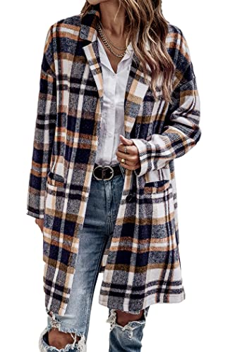 PRETTYGARDEN Women Plaid Shacket Jacket Trendy Fall Casual Button Wool Blend Tartan Trench Coat Winter Clothing with Pockets