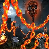 X-GiftKey Halloween Decorations Outdoor Solar Skull Chain Lights,Light up Scary Skull with Orange Props Chains,for Skeleton Dog,8 Modes Lighed Halloween String Lights for Yard/Patio Creepy Party Decor