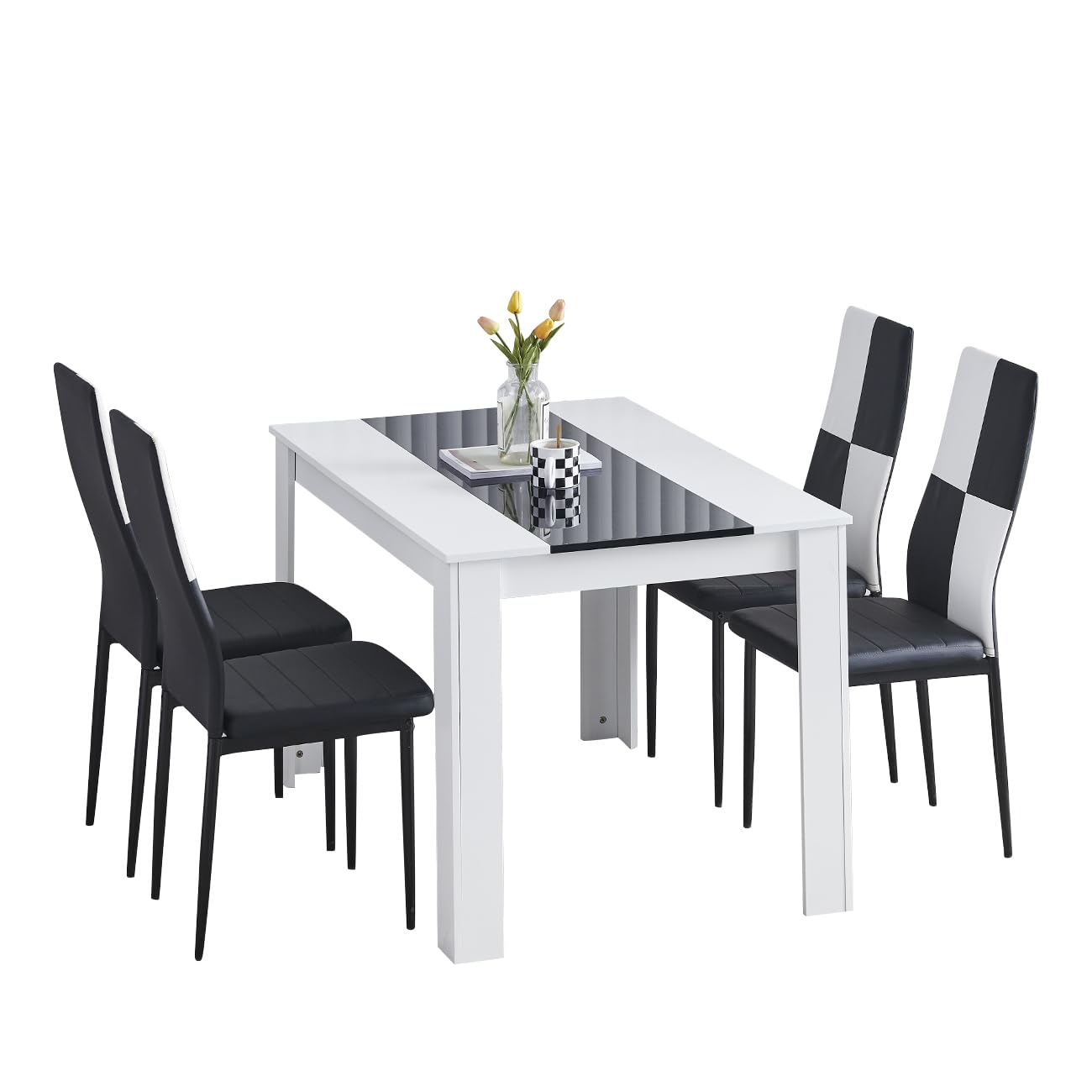Homullel 120 cm Dining Table and 4 Chairs, 4 Seater Table and Chairs Set, Kitchen Dining Room Set for 4, Compact, Space Saving (Faux Leather White-Black Checker, 120cm, 4 Seats)