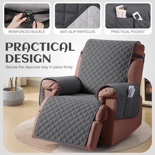Image of KinCam 100% Waterproof Recliner Chair Cover, Reclining Couch Covers for Pets, Dogs, Recliner Couch Slipcover Furniture Protector with Elastic Straps for Kids (23.6 inch, Charcoal Gray)