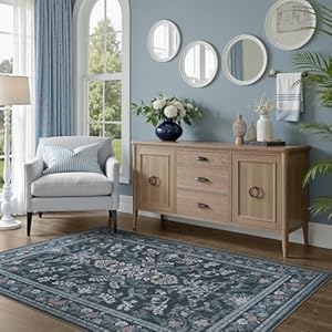 DCX Navy Blue 3x5 Entryway Rug, Machine Washable with Non Slip Backing Vintage Floral Rug Soft Low Pile, Stain Resistant for Entryway, Kitchen, Bathroom, Front Door 3' x 5' (Rectangular) Nav