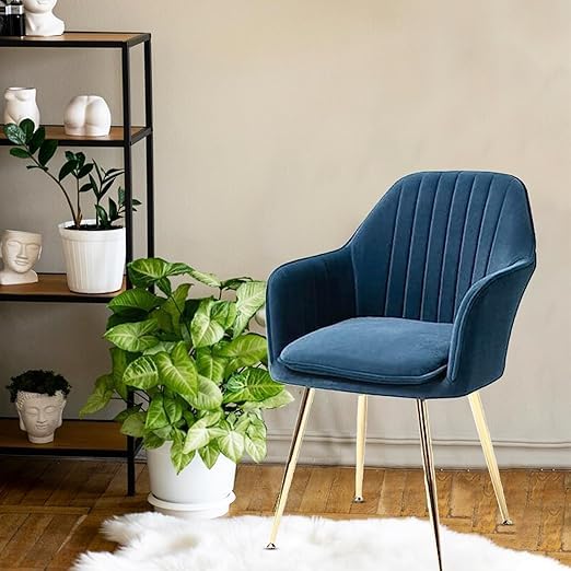 Image of Accent Chairs for Living Room | Modern Armchair in Velvet Fabric with Golden Legs | Set of 1 Chair for Home, Office, Restaurent, Cafe (Navy)