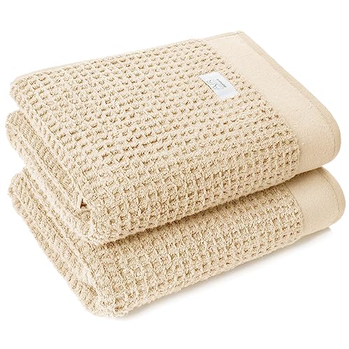 Softerry Waffle Bath Towel Set - 100% Soft Cotton - Plush and Extra Absorbent - Luxury Hotel & Spa Quality - Fade Resistant - Eco-Friendly (Natural, Set of 2 Bath)