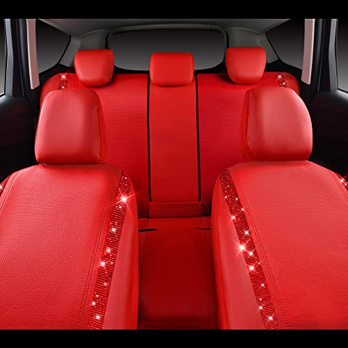 Image of CAR PASS Bling Diamond Car Seat Covers Full Set, Shining Rhinestone Waterproof Faux Leather, Rear with Zipper, Universal Fit Automotive Glitter Crystal Sparkle Strips for Cute Women Girl, Red