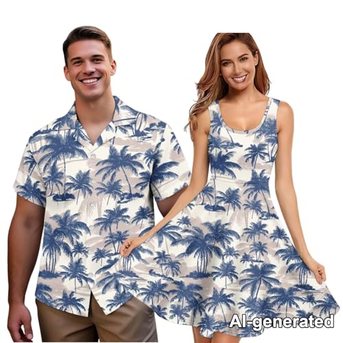 Image of Hawaii Matching Couple Outfits Husband and Wife Clothing Fashionable Mens Casual Shirts Hawaii Dress with Soft Fabric