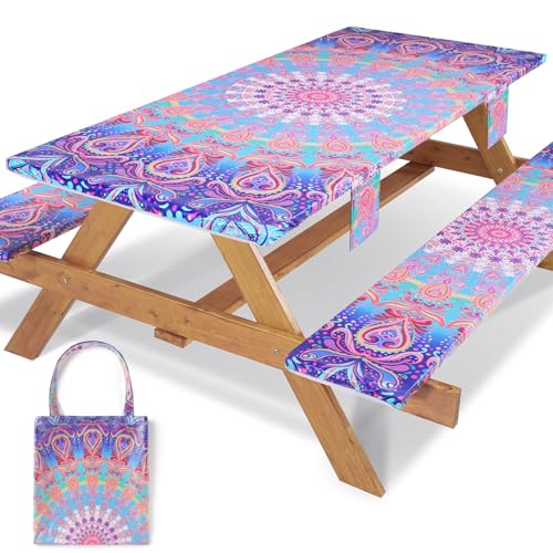 72x30 Picnic Table Cover with Bench Covers Reusable Polyester Camping Tablecloths for Outdoors Camp Trailer Stuff Traveling Road Trip Necessities Retirement Boho Summer Fall Party Decorations