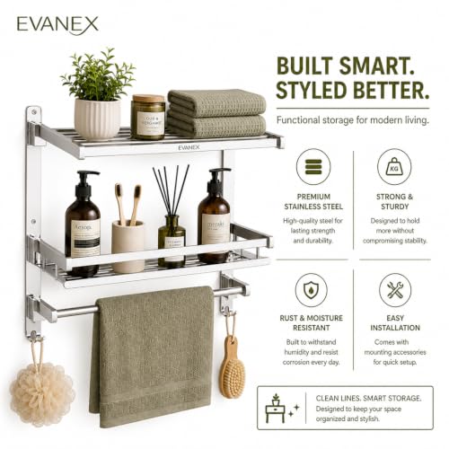 Image of EVANEX 3 Layer Folding Shelf for Bathroom 304 Grade Stainless Steel Bathroom Racks and Shelves Wall Mounted Multipurpose Shelf Bathroom Accessories Set
