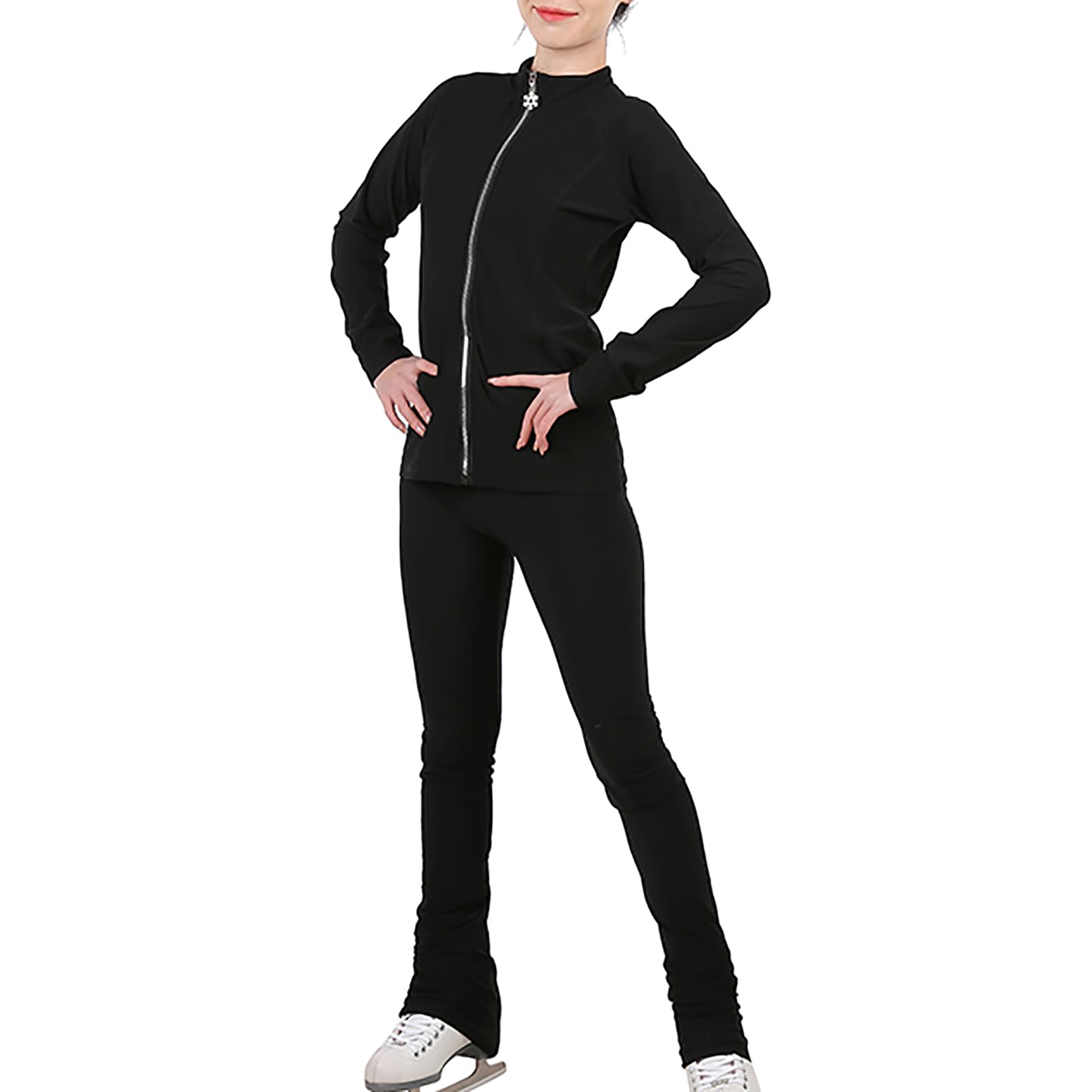 Chaqueta de Patinaje Artístico para Niñas y Mujeres con Pantalones Leggings de Entrenamiento con Pedrería(Size:M,Color:Negro)