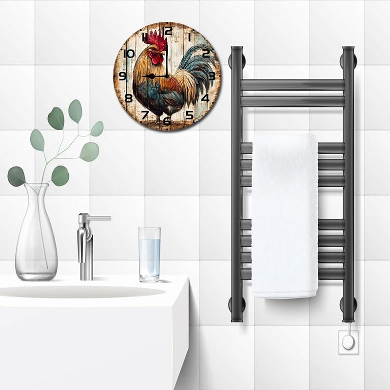 Miniatura 6 de Rooster Farmhouse - Reloj retro vintage de 10 pulgadas, reloj de pared de madera silencioso, funciona con pilas, diseño retro para cocina, sala de