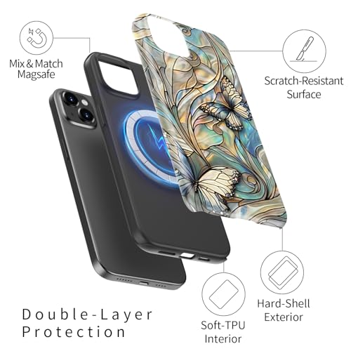 Image of Goodon for iPhone 13 Mini Case Cute - Wireless Charging Compatible - Dual-Layer Hard Shell + Silicone Cover - Protective Phone Case with Trendy Designs for Women - Butterflies Blue Gold | Dual-Layer Hard Shell + Silicone, Slim Fit Protective Phone Cover with Wildflower Designs for Women Girls