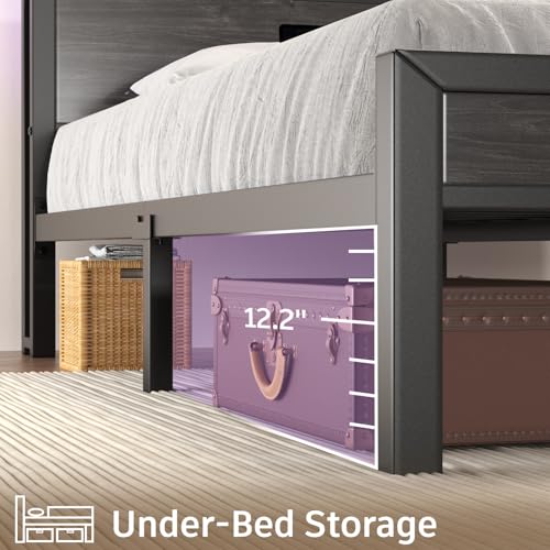 Image of E-Motie Queen Size Bed Frame with LED Lights and Charging Station, Wood Storage Headboard with 2-Tier Shelves, Heavy Duty Metal Slats, No Box Spring Need, Noise Free, Easy Assembly, Black