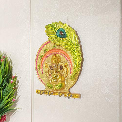 Image of KridayKraft Metal Ganesha ji Key Holder with Meena Work Decorative for Wall | Ganesh Statue /Religious | Idol /Wall Hanging (Ganesh Pankhi MENA)