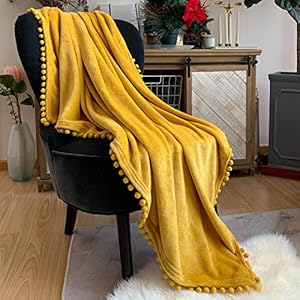 LOMAO Flannel Blanket with Pompom Fringe Lightweight Cozy Bed Blanket Soft Throw Blanket fit Couch Sofa Suitable for All…