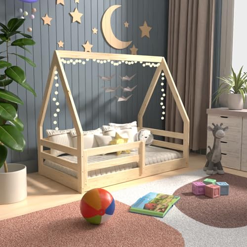 Toddler Size Floor Bed, Montessori House Bed Frame for Kids, Solid Pine Wood, Low Profile with Rails, Ideal for Boys and Girls - Natural Finish