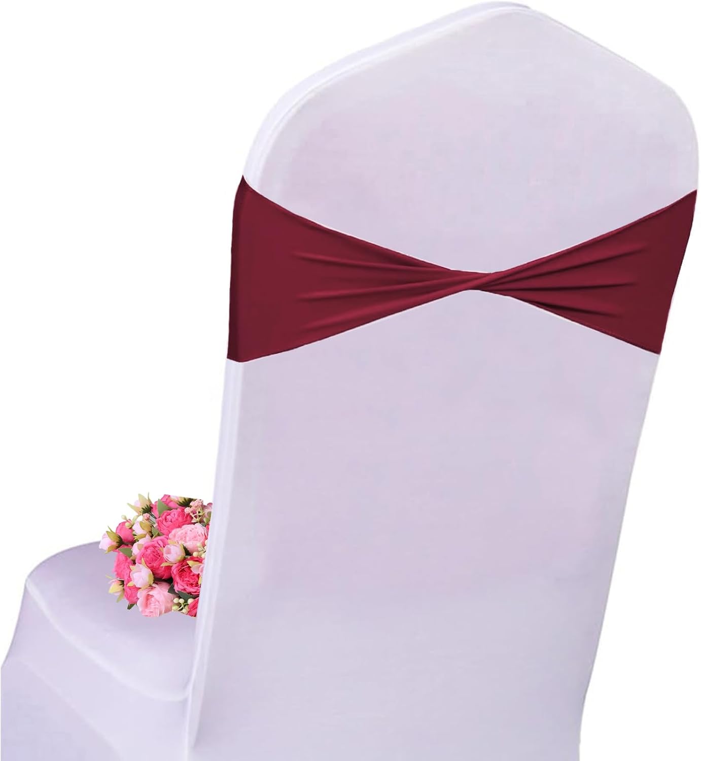 Spandex Burgundy Chair Sashes 50 Pcs Burgundy Sashes Bows Elastic Chair Cover Bands Ties Without Buckle for Wedding Party Events Ceremony Birthday