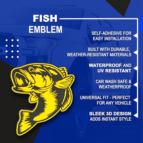 Image of Bass Emblem 3D Fish Badge - Custom Car Sticker for Car, Truck, SUV, Trunk, Hood, Fender - Set of 2 (Yellow)