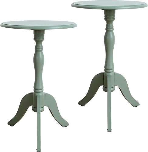 Miniatura 13 de HLR Juego de 2 mesas auxiliares redondas pequeñas, mesa auxiliar con pedestal de madera, 2 piezas, mesita de noche vintage para sala de estar,