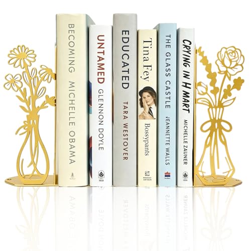 ENCIMART Flower Gold Bookends Metal Book Ends for Shelves Decorative