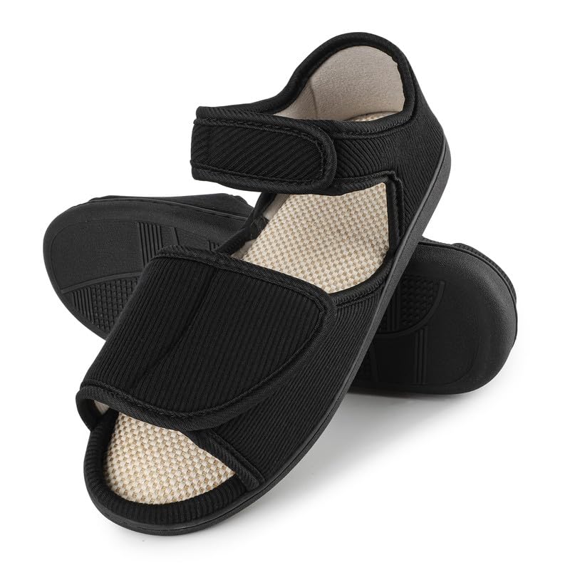 TIESTRA Chaussons Chauds pour Hommes à Pieds Larges,Chausson Diabétiques en Peau D'agneau pour I'hiver,Chaussons en Feutre à Bout Ouvert,Semelle en Mousse à Mémoire de Forme Noir 41-46