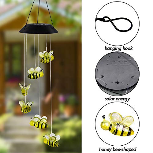 Mortime Led Solar Bee Wind Chime, 25" Mobile Hanging Wind Chime For Home Garden Decoration, Automatic Light Changing Color(Honeybee) #TOP2