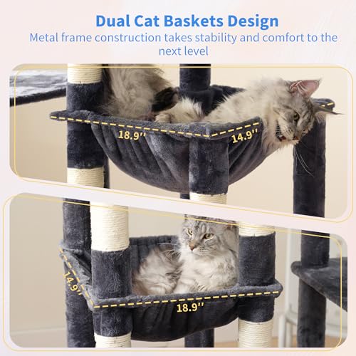 Image of Heybly Cat Tree, 71-Inch Tall Cat Tower for Large Maine Coon Cats with Extra-Large Baseboard, Cat Condo Furniture with Multi-Level Platforms, 2 Hammocks and 12 Scratching Posts, Smoky Gray HCT037G