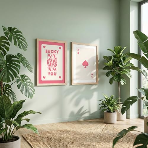Image of NoWorries Playing Cards Wall Art Framed Painting | Lucky You Typography & Ace of Spades Card Art Prints | Minimal Pink Aesthetic Posters Frames | Premium 300 GSM Paper Print with Synthetic Wooden Frame | Modern Wall Decor for Living Room, Bedroom and Office (Set of 2) (NATURAL, ART-7, 10X13INCHES)