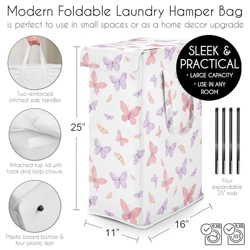 Image of Sweet Jojo Designs Laundry Hamper (Pink /Purple Shabby Chic Butterfly) for Girls, Foldable Dirty Clothes Basket with Handles for Baby Nursery, Kids Bedroom, Teen Bathroom (Colorful, Watercolor Pattern)
