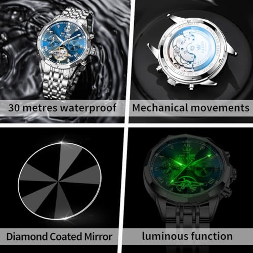 Image of OLEVS Watch for Men Automatic Classic Mechanical Watch Diamond Mirror Stainless Steel Dress Casual Waterproof Day /Date Calendar