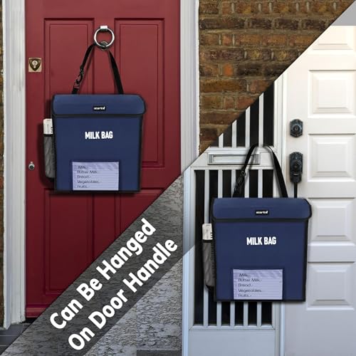 Image of Storite Milk Bag for Door Hanging - Insulated and Waterproof Storage for Milk Sachets, Bottles, Outdoor Gate Delivery Basket Box with Pocket for Notes and News Paper (Jumbo Blue, Large (36x17x35cm))