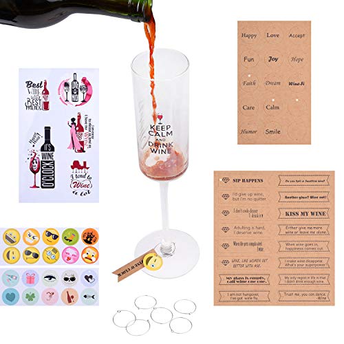 Emoji Wine Glass Charms (63x) Printed and Writable Tags (123x) Circle Clips (50x) and Reusable Wine Glass Stickers with Funny Texts (17x) - Personalize Wine Glasses - For Dinner Party, Wedding, BBQ