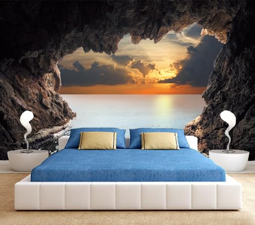 FLFK Mural de parede 3D Sunrise Cave Seascape Peel and Stick vinil autoadesivo removível grande deco