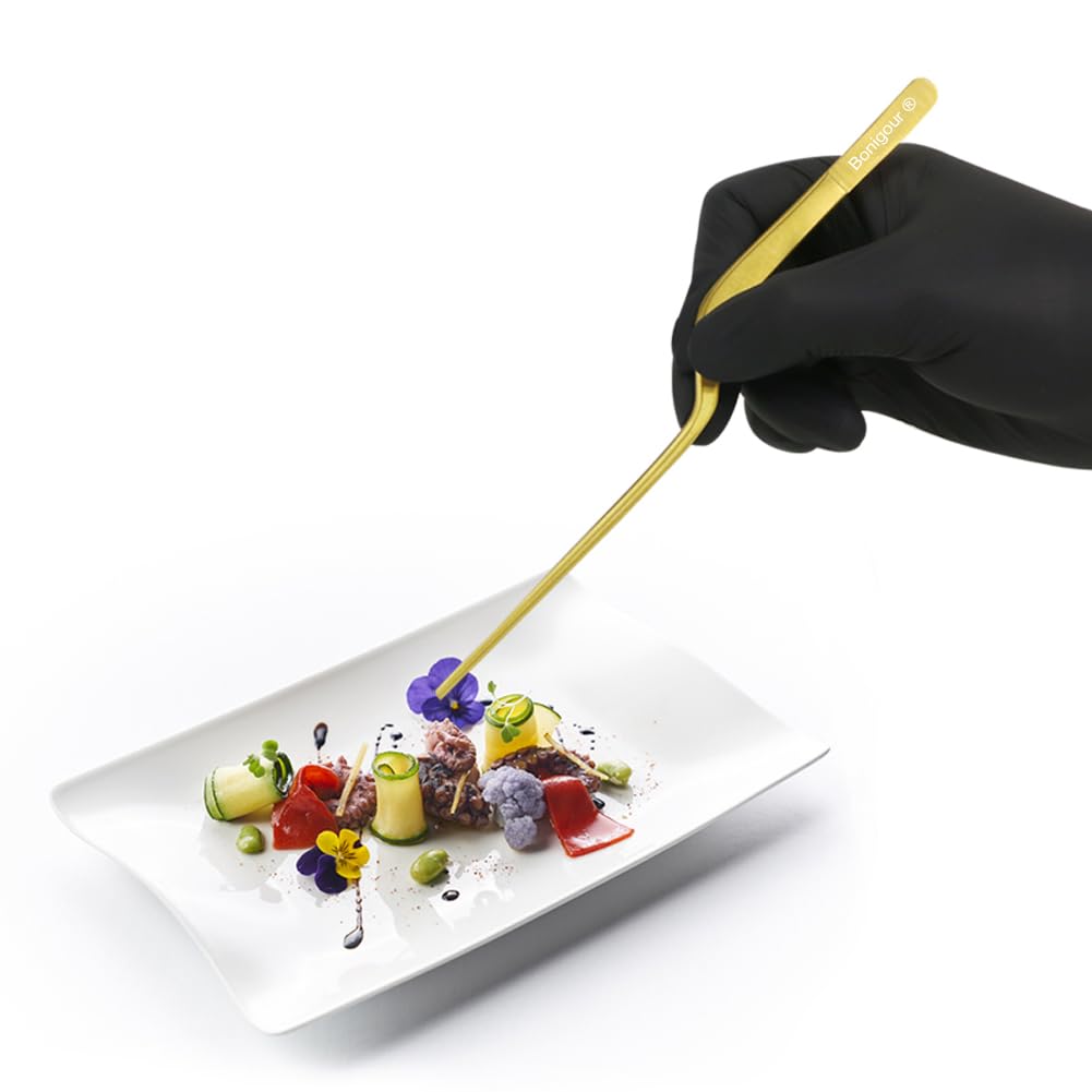 Bonigour 8 Inch Precision Offset Tweezers, Kitchen Culinary Stainless Steel Tongs, Curved Kitchen Cooking Multi-function Chef Precision Tweezer Tongs for Plating, Food Decorating and ect (Gold)