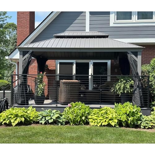 PURPLE LEAF 11' x 15' Permanent Hardtop Gazebo with Galvanized Steel Double Roof and Aluminum Frames Outdoor Large Pavilion Gazebo for Patio Deck Garden, Netting and Curtains Included, Light Grey
