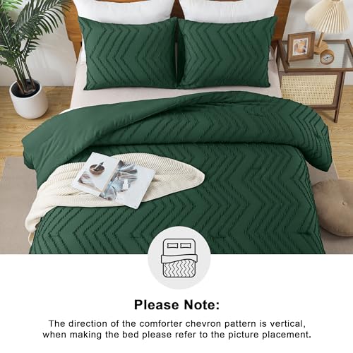 Image of Andency Emerald Green Comforter Set Full Size, Boho Dark Green Soft Warm Bedding Comforter Sets for Full Bed, 3 Pieces Forest Green Vintage Chevron Tufted Aesthetic Comforter Set