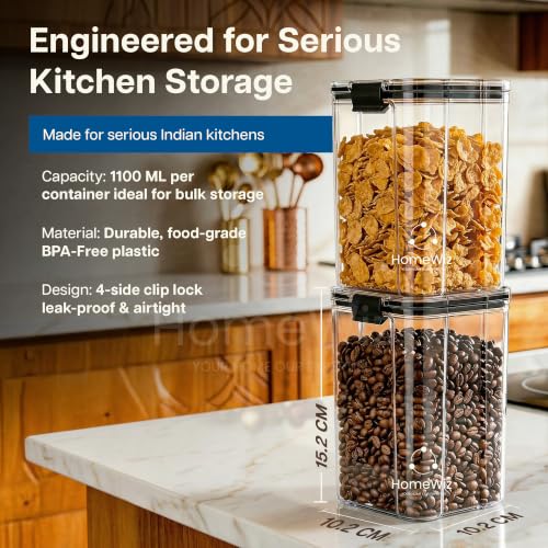 Image of HomeWiz Airtight Kitchen Storage Box 1200ml x10 | Containers For Kitchen Storage Set | Food Grade BPA-Free Kitchen Containers Set With 2 Side Clip-Lock | Stackable, For Pantry and Fridge Storage